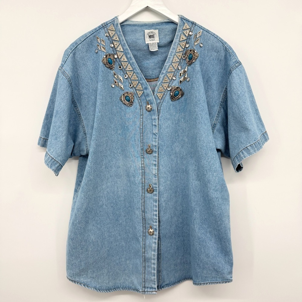 Vintage Denim Western Top Shirt One Size Cotton Conchos Studded Cowgirl Glam USA